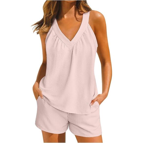 Women's Linen Flowy 2 Piece Outfit V-Neck Tank Top w/ Matching Shorts Size XL - Picture 1 of 5